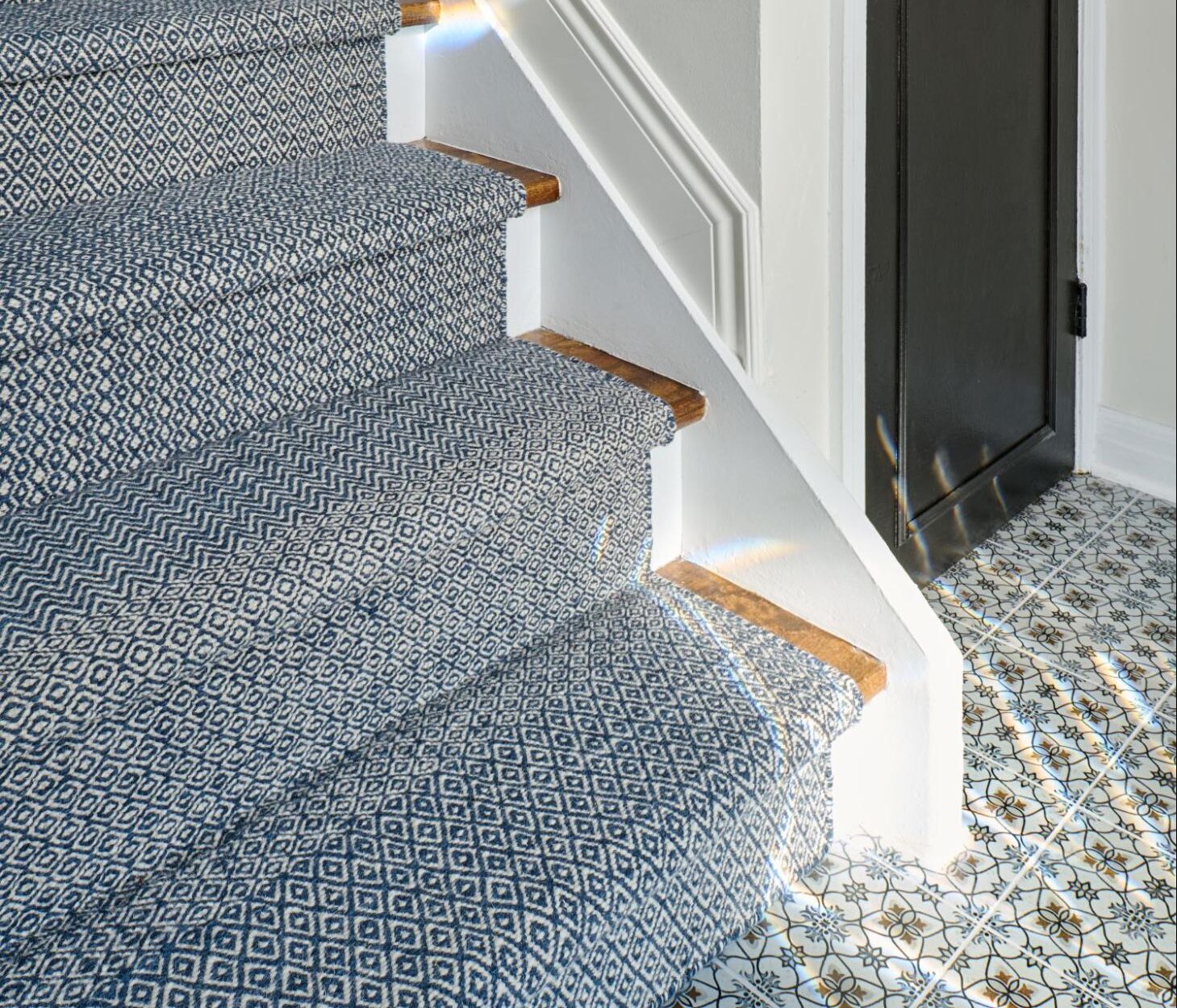 Choosing the Right Area Rug for Your Space. Image of stairs with new rug on them.
